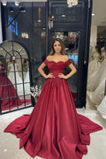 Charming Floor Length Sweetheart Off-The-Shoulder A-Line Satin Wedding Dress with Appliques by misshow.com
