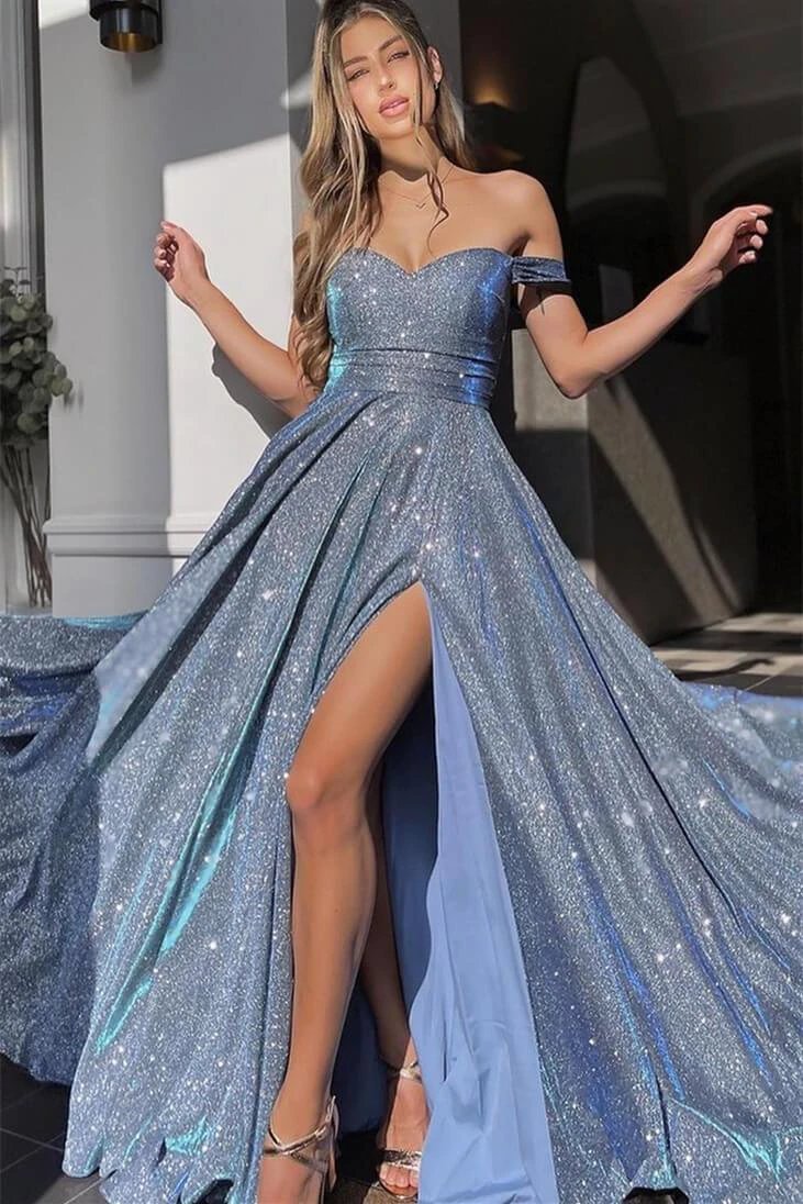 Charming Floor Length Sweetheart Off-The-Shoulder A Line Sequined Prom Dress with Split by misshow.com