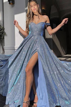 Charming Floor Length Sweetheart Off-The-Shoulder A Line Sequined Prom Dress with Split by misshow.com
