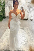 Charming Floor Length Sweetheart Sleeveless Spaghetti Straps Mermaid Wedding Dress with Chapel Train by misshow.com