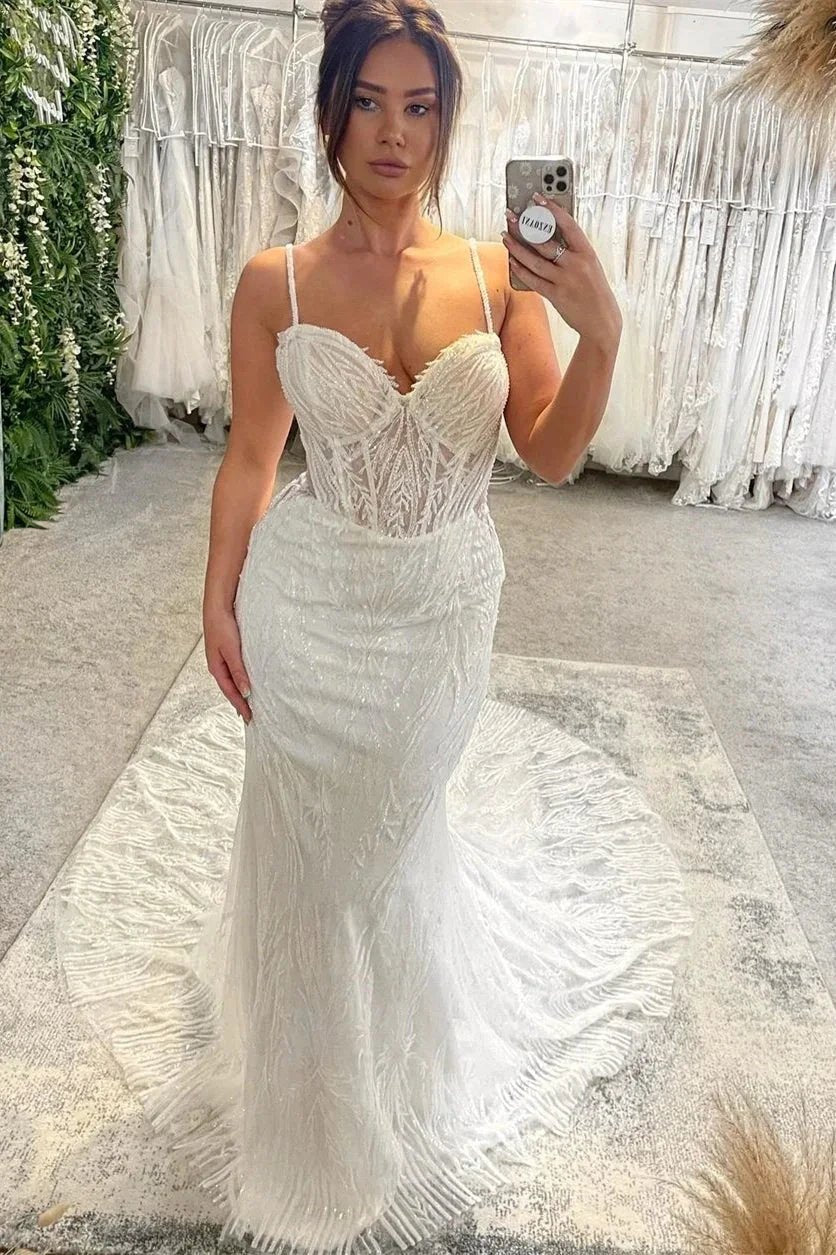 Charming Floor Length Sweetheart Sleeveless Spaghetti Straps Mermaid Wedding Dress with Chapel Train by misshow.com