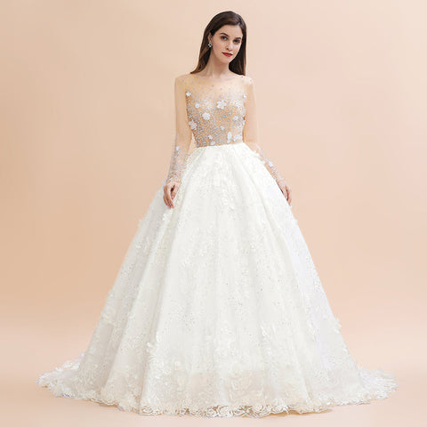 Charming Floral Lace Appliques Wedding Dress Gorgeous White Beads Bridal Gown