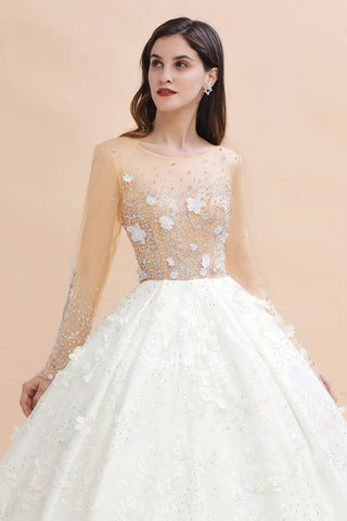 Charming Floral Lace Appliques Wedding Dress Gorgeous White Beads Bridal Gown