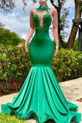 Charming Halter Sleeveless A-line Stretch Satin Mermaid Prom Dress by misshow.com