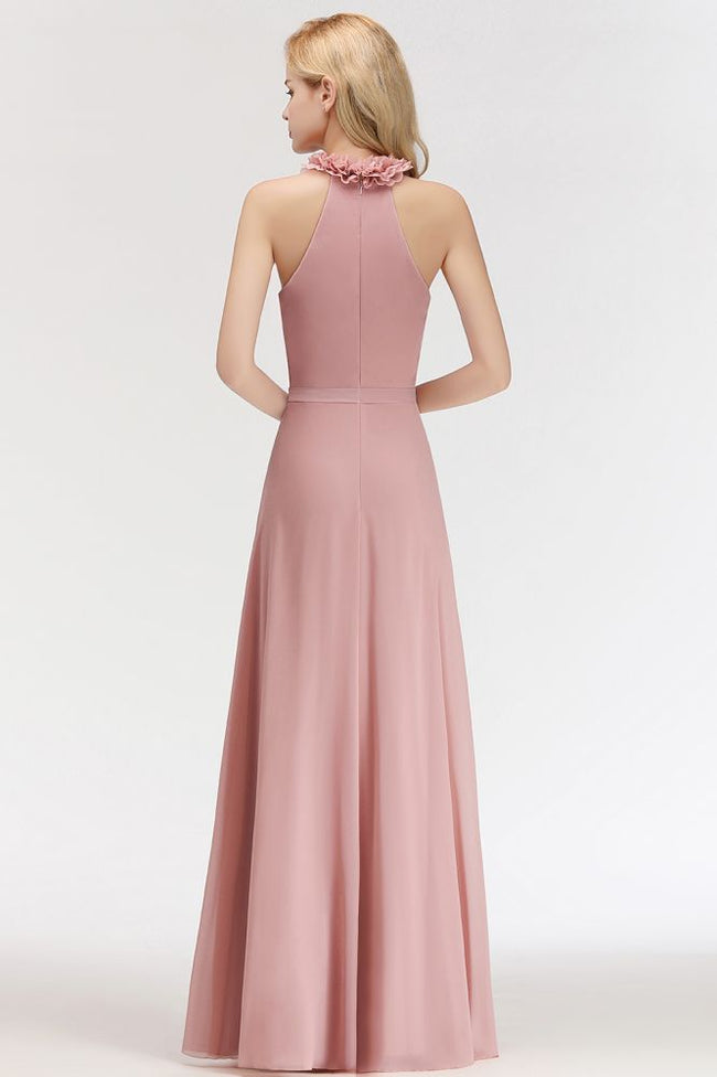 Charming Halter Sleeveless Ruffled Chiffon Bridesmaid Dresses Aline Evening Maxi Gown Main Image