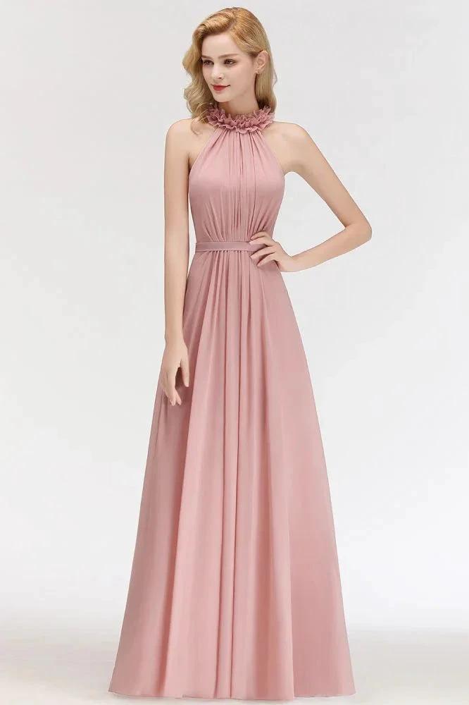 Charming Halter Sleeveless Ruffled Chiffon Bridesmaid Dresses Aline Evening Maxi Gown by misshow.com