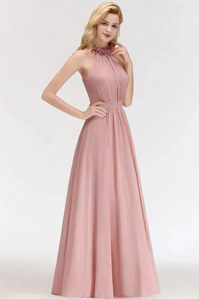 Charming Halter Sleeveless Ruffled Chiffon Bridesmaid Dresses Aline Evening Maxi Gown by misshow.com