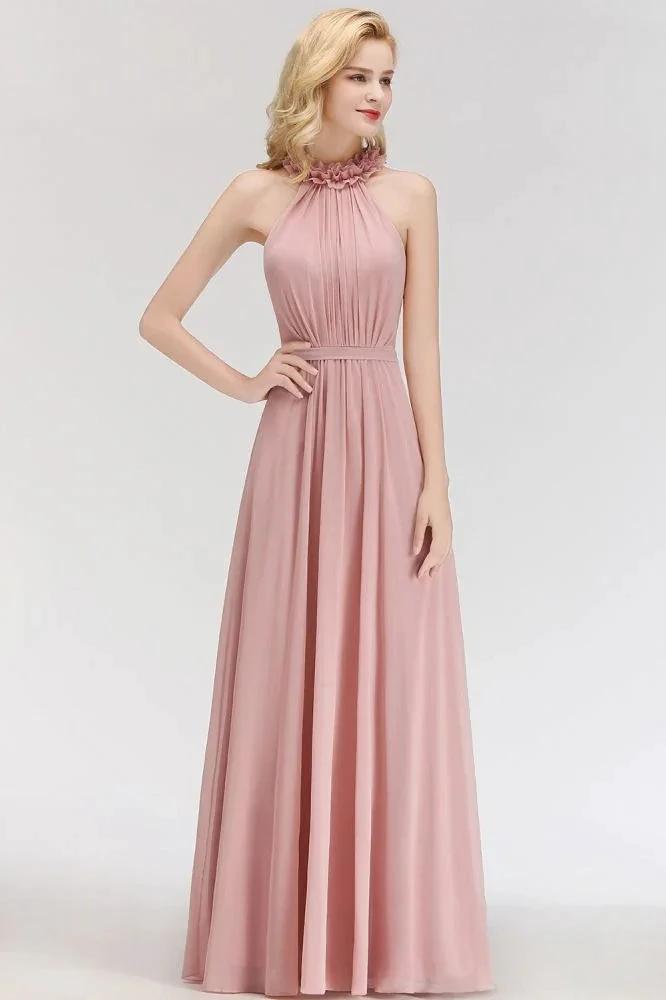 Charming Halter Sleeveless Ruffled Chiffon Bridesmaid Dresses Aline Evening Maxi Gown by misshow.com