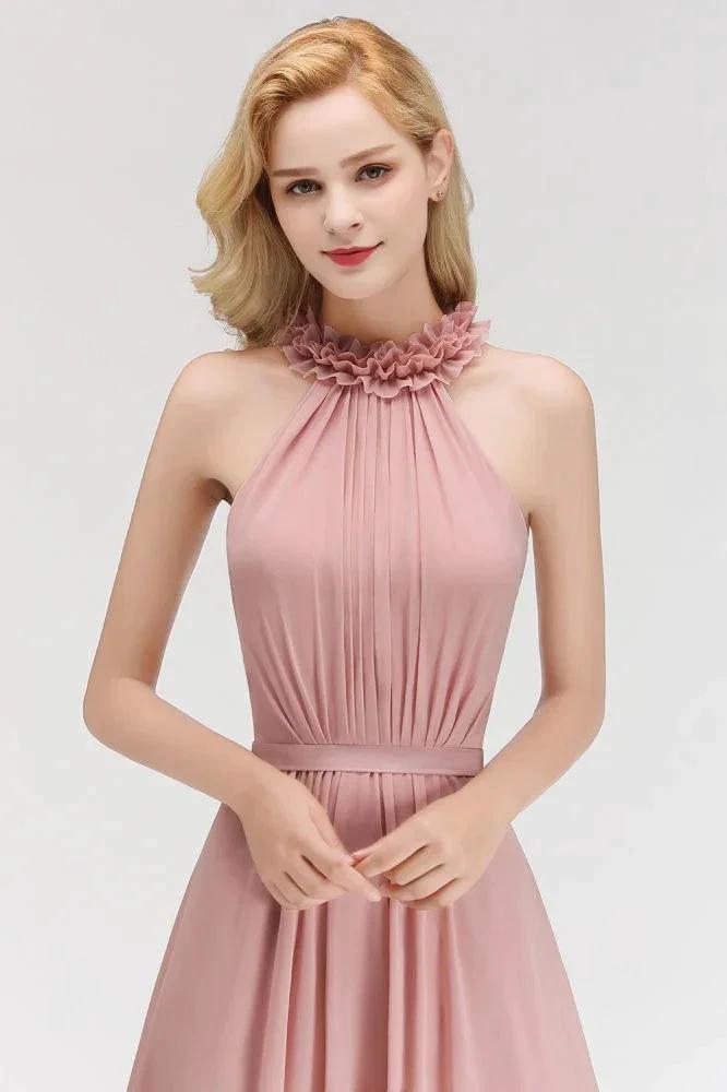 Charming Halter Sleeveless Ruffled Chiffon Bridesmaid Dresses Aline Evening Maxi Gown by misshow.com