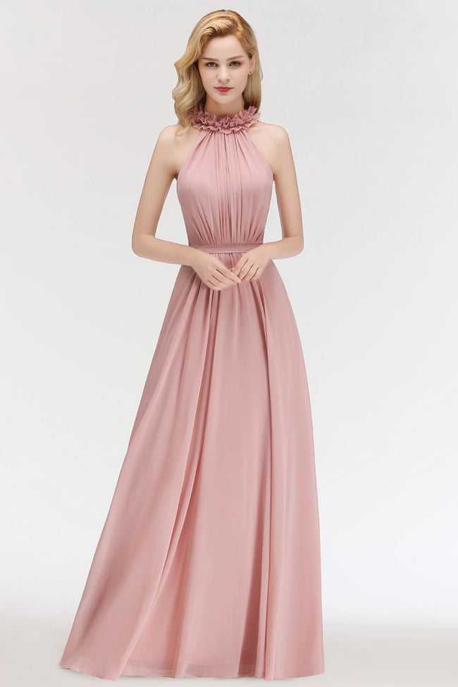 Charming Halter Sleeveless Ruffled Chiffon Bridesmaid Dresses Aline Evening Maxi Gown Hover Image