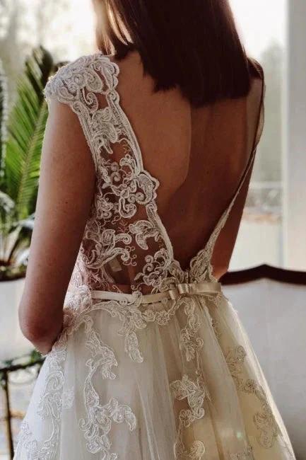 Charming Ivory A-Line Floor Length V-Neck Garden Lace Wedding Dress by misshow.com