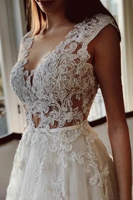 Charming Ivory A-Line Floor Length V-Neck Garden Lace Wedding Dress by misshow.com