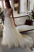 Charming Ivory A-Line Floor Length V-Neck Garden Lace Wedding Dress by misshow.com