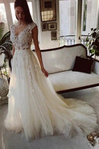 Charming Ivory A-Line Floor Length V-Neck Garden Lace Wedding Dress by misshow.com