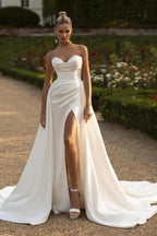 Charming Ivory Long Mermaid Sweetheart Satin Wedding Dresses with Slit by BIZTUNNEL