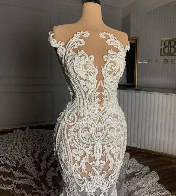 Charming Jewel Garden Sleeveless Mermaid Tulle Wedding Dress with Appliques by misshow.com