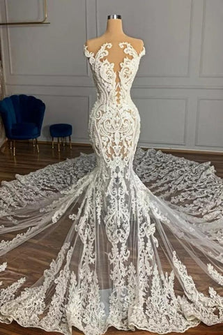 Charming Jewel Garden Sleeveless Mermaid Tulle Wedding Dress with Appliques