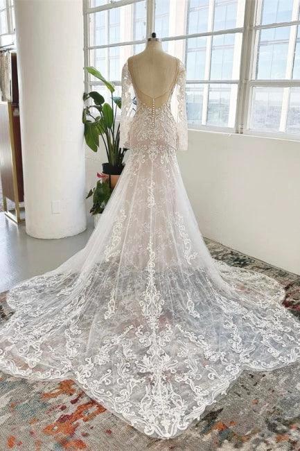 Charming Jewel Long Sleeves Chapel Mermaid Wedding Dress by misshow.com