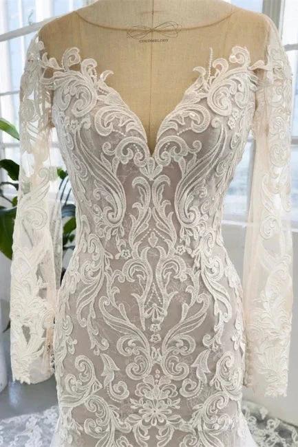 Charming Jewel Long Sleeves Chapel Mermaid Wedding Dress by misshow.com