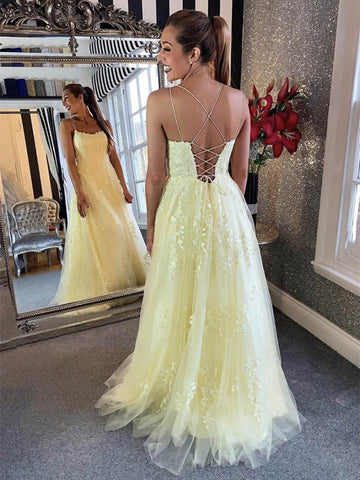 Encantadores vestidos de graduación formales de tul con encaje y espalda descubierta, de corte A y largo