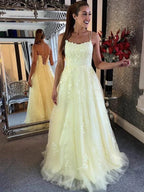 Charming Long A-line Backless Tulle Lace Formal Prom Graduation Dresses by BIZTUNNEL