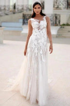 Charming Long A-line Lace Appliques Wedding Dresses with Long Sleeves by misshow.com
