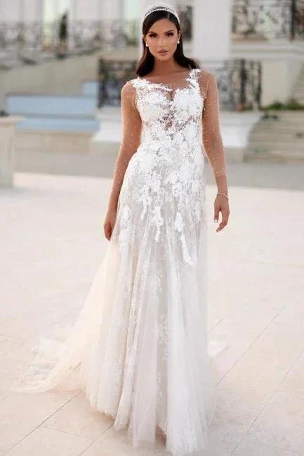 Charming Long A-line Lace Appliques Wedding Dresses with Long Sleeves by misshow.com