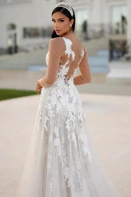 Charming Long A-line Lace Appliques Wedding Dresses with Long Sleeves by misshow.com