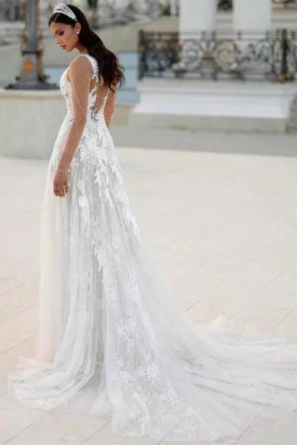 Charming Long A-line Lace Appliques Wedding Dresses with Long Sleeves by misshow.com