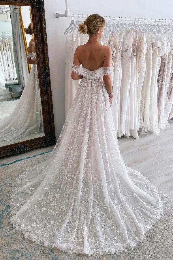 Charming Long A-line Off-The-Shoulder Sleeveless Lace Wedding Dress with Court Train by BIZTUNNEL