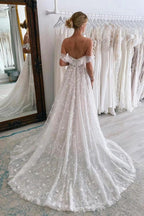 Charming Long A-line Off-The-Shoulder Sleeveless Lace Wedding Dress with Court Train by BIZTUNNEL