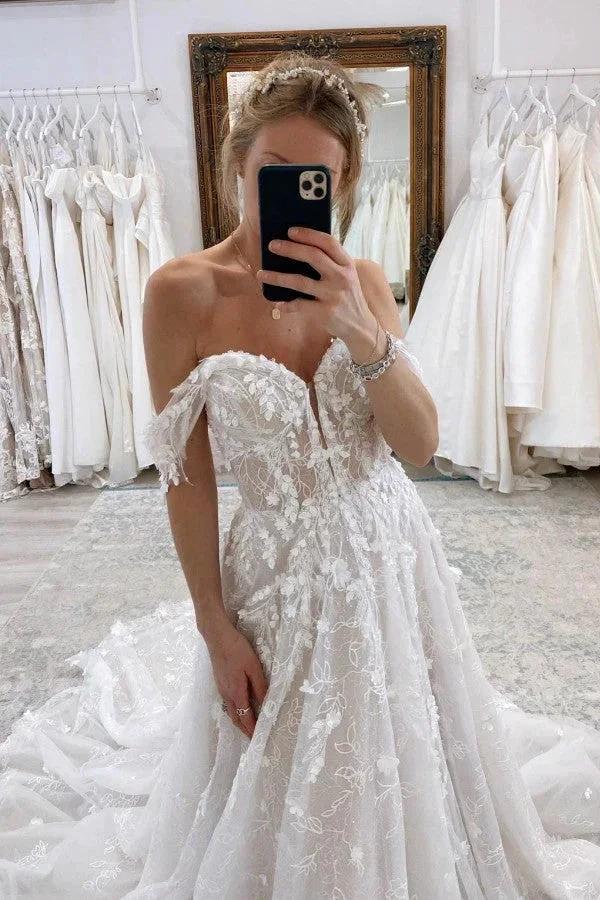 Charming Long A-line Off-The-Shoulder Sleeveless Lace Wedding Dress with Court Train by BIZTUNNEL