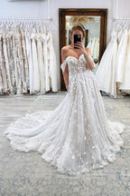 Charming Long A-line Off-The-Shoulder Sleeveless Lace Wedding Dress with Court Train by BIZTUNNEL
