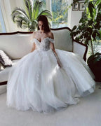 Charming Long A-line Off-the-shoulder Tulle Wedding Dress with Glitter by BIZTUNNEL