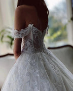 Charming Long A-line Off-the-shoulder Tulle Wedding Dress with Glitter by BIZTUNNEL