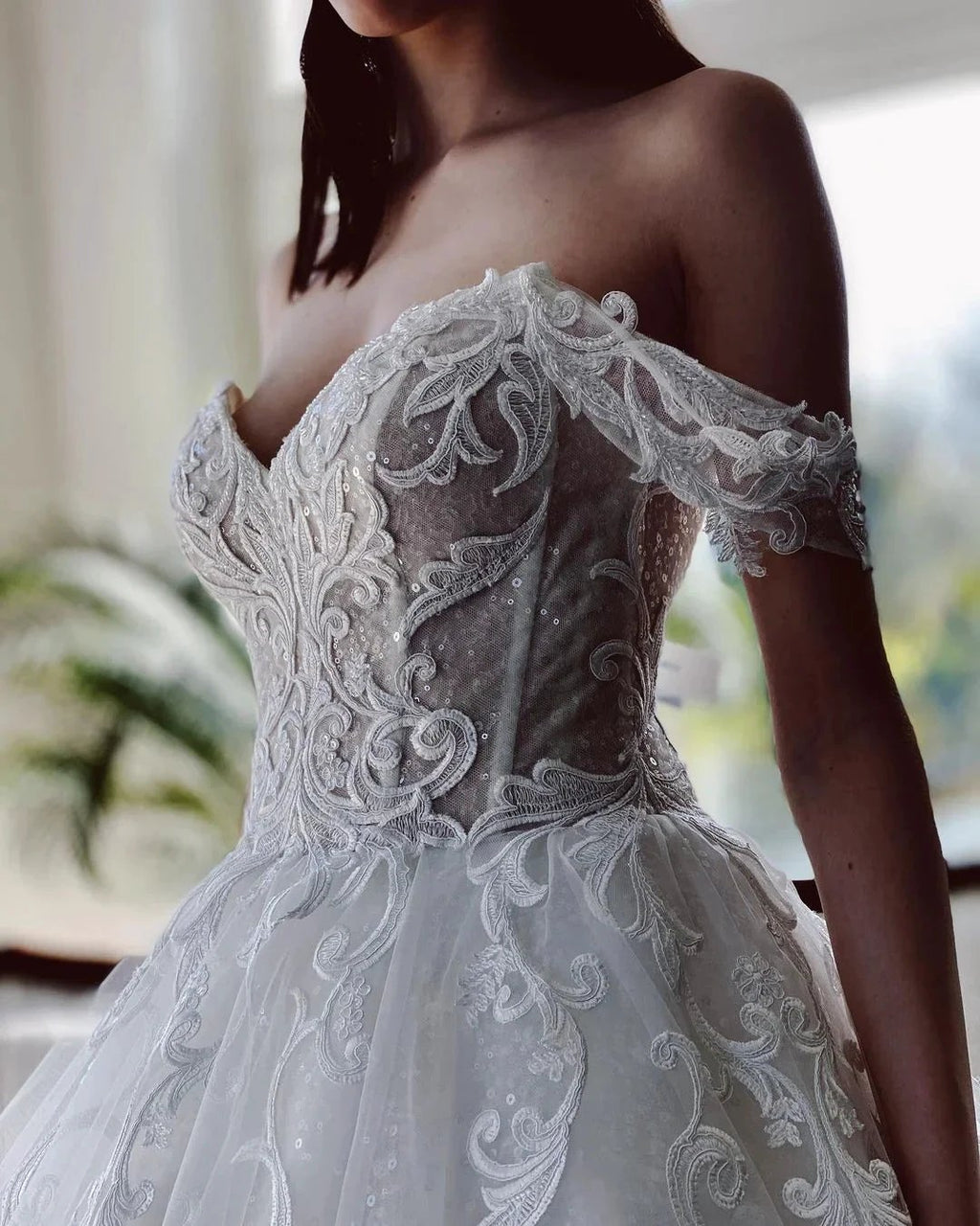 Charming Long A-line Off-the-shoulder Tulle Wedding Dress with Glitter by BIZTUNNEL