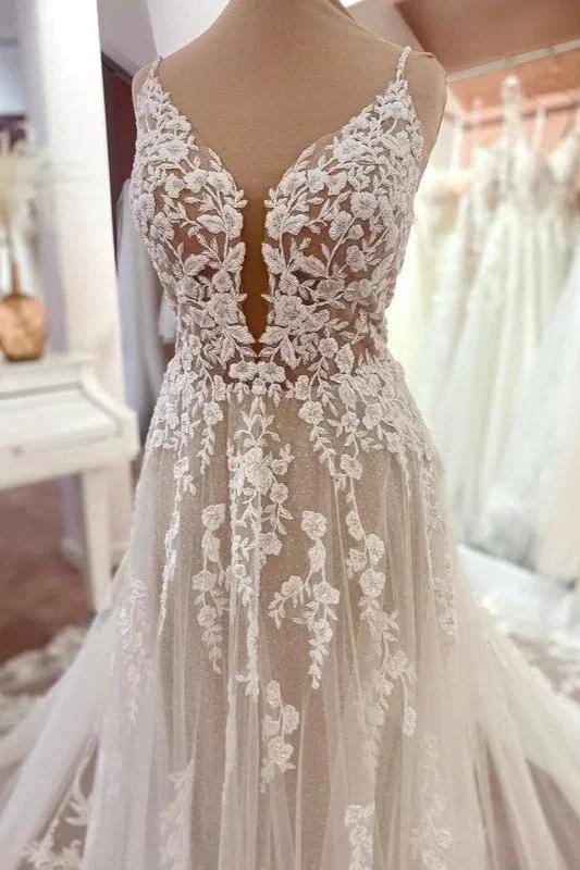 Charming Long A-Line Spaghetti Straps Appliques Lace Tulle Backless Wedding Dress by BIZTUNNEL
