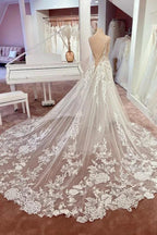 Charming Long A-Line Spaghetti Straps Appliques Lace Tulle Backless Wedding Dress by BIZTUNNEL