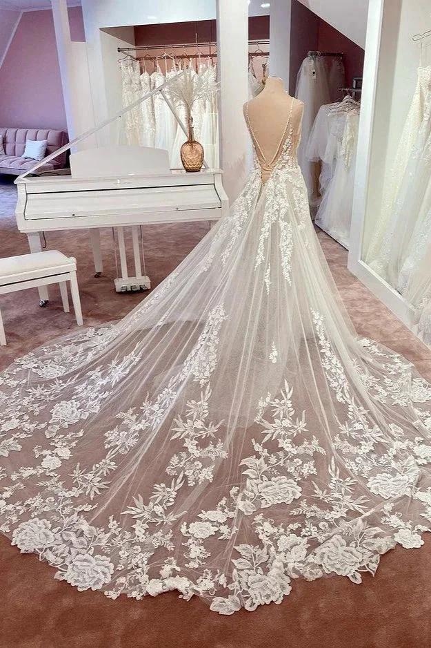 Charming Long A-Line Spaghetti Straps Appliques Lace Tulle Backless Wedding Dress by BIZTUNNEL