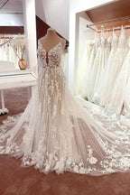 Charming Long A-Line Spaghetti Straps Appliques Lace Tulle Backless Wedding Dress by BIZTUNNEL