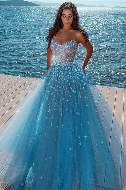 Charming Long A-Line Strapless Lace Tulle Prom Dress Hover Image