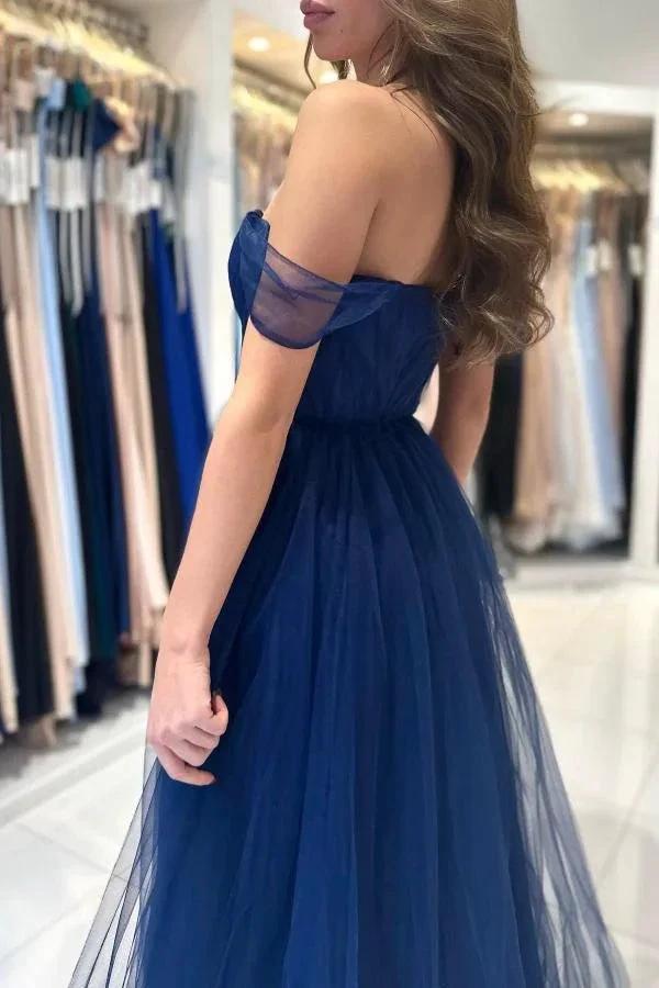 Charming Long A-line Sweetheart Off-The-Shoulder Tulle Prom Dresses by BIZTUNNEL