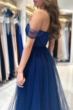 Charming Long A-line Sweetheart Off-The-Shoulder Tulle Prom Dresses by BIZTUNNEL