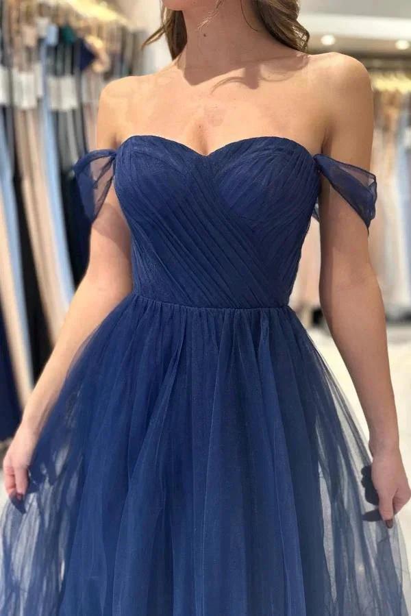 Charming Long A-line Sweetheart Off-The-Shoulder Tulle Prom Dresses by BIZTUNNEL