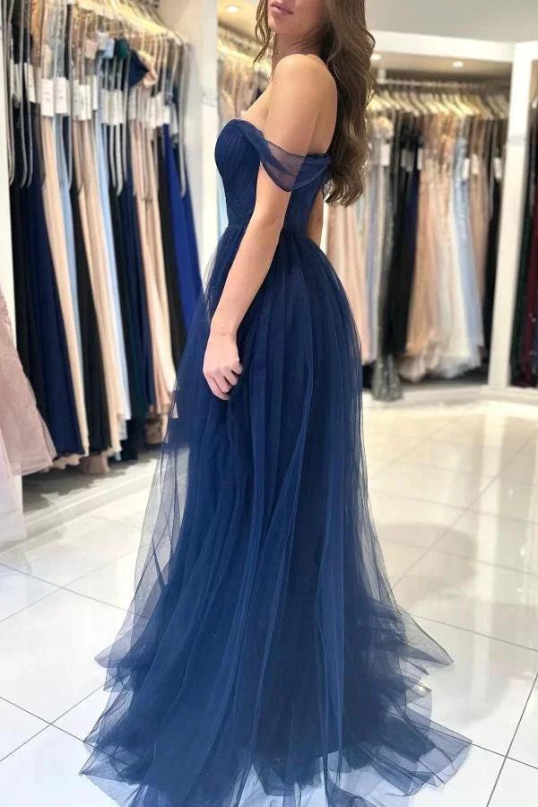 Charming Long A-line Sweetheart Off-The-Shoulder Tulle Prom Dresses by BIZTUNNEL