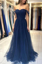 Charming Long A-line Sweetheart Off-The-Shoulder Tulle Prom Dresses by BIZTUNNEL