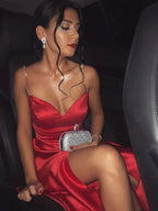 Charming Long A Line Sweetheart Spaghetti Straps Satin Prom Dresses with Side Split by BIZTUNNEL