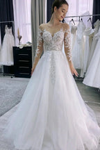 Charming Long A-line Tulle Appliques Wedding Dress With Long Sleeves by misshow.com