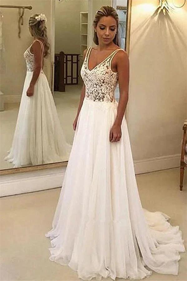 Charming Long A-Line V-Neck Appliques Lace Backless Wedding Dresses by BIZTUNNEL