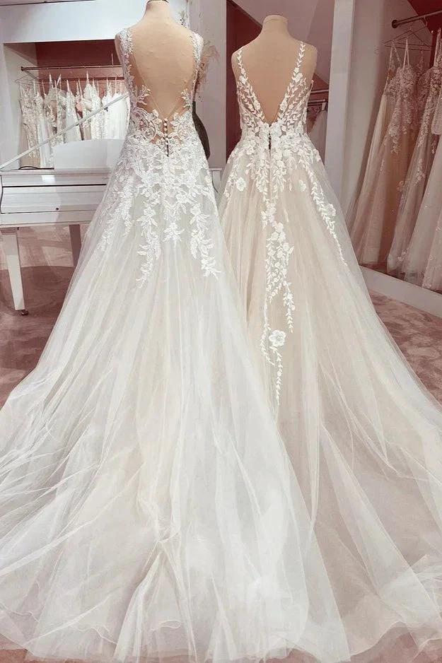 Charming Long A-Line V-neck Appliques Lace Tulle Wedding Dress by BIZTUNNEL